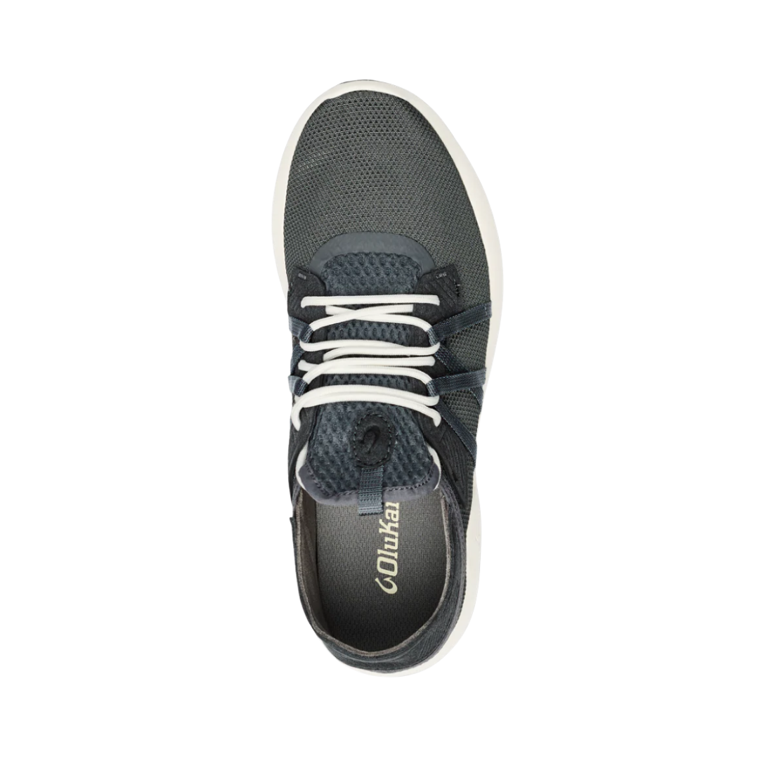 Top View of Men’s Olukai Holo casual sneaker in dark shadow – featuring a breathable mesh construction, cushioned anatomical footbed, and lightweight flexible design for all-day wear.