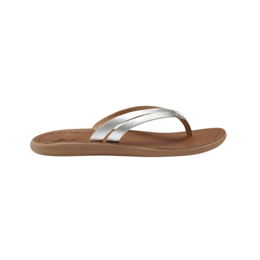 Side view of Women’s Olukai Kapehe Luana sandal in Silver/Sahara – features include a premium leather upper with soft microfiber lining, contoured anatomical footbed, cushioned midsole, and non-marking rubber outsole with beach-inspired traction.