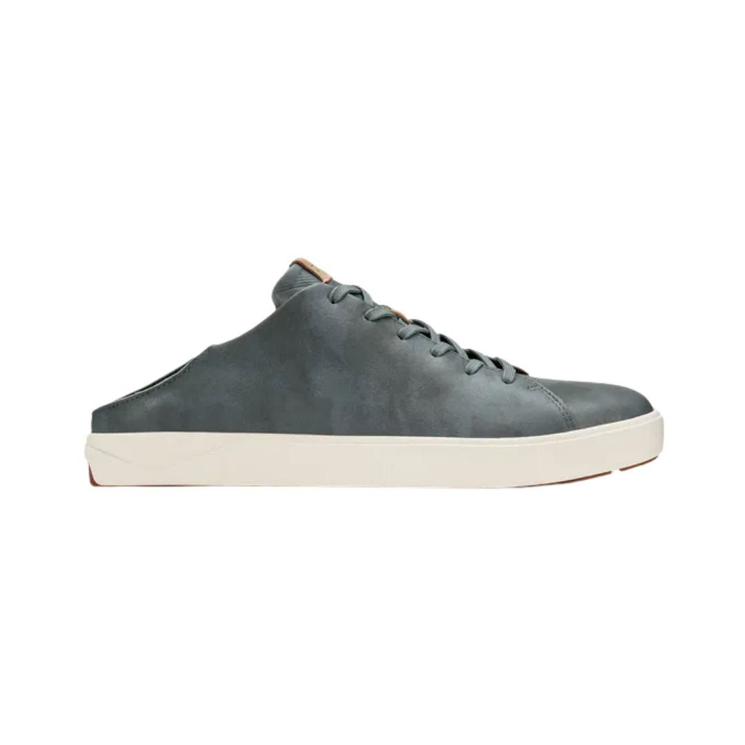 Side View of Men’s Olukai Lae Ahi Li Ili sneaker in charcoal – featuring a premium leather upper, casual low-profile design, and durable non-marking outsole for all-day wear.