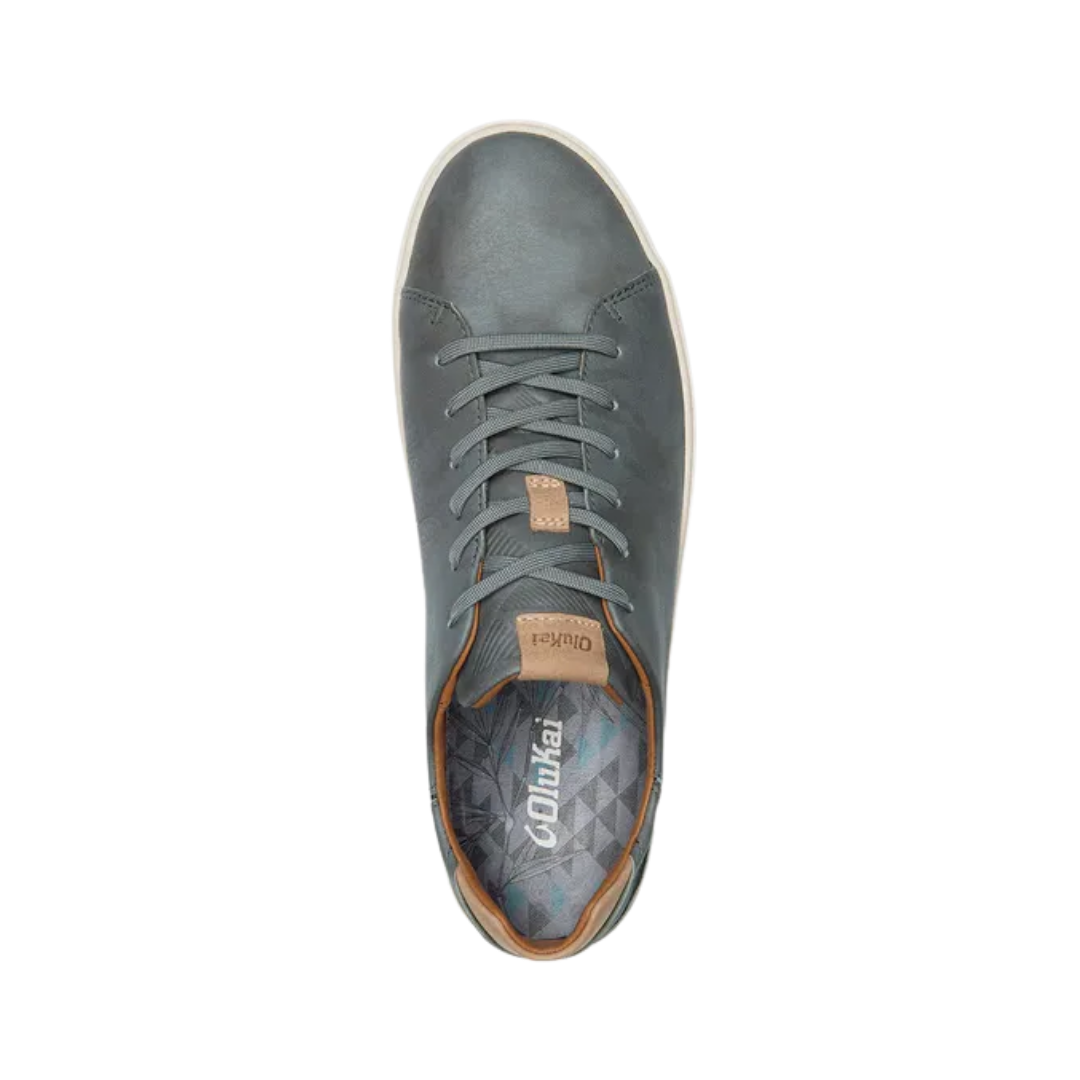 Top View of Men’s Olukai Lae Ahi Li Ili sneaker in charcoal – featuring a lightweight construction, cushioned footbed, and non-marking rubber outsole for versatile comfort.