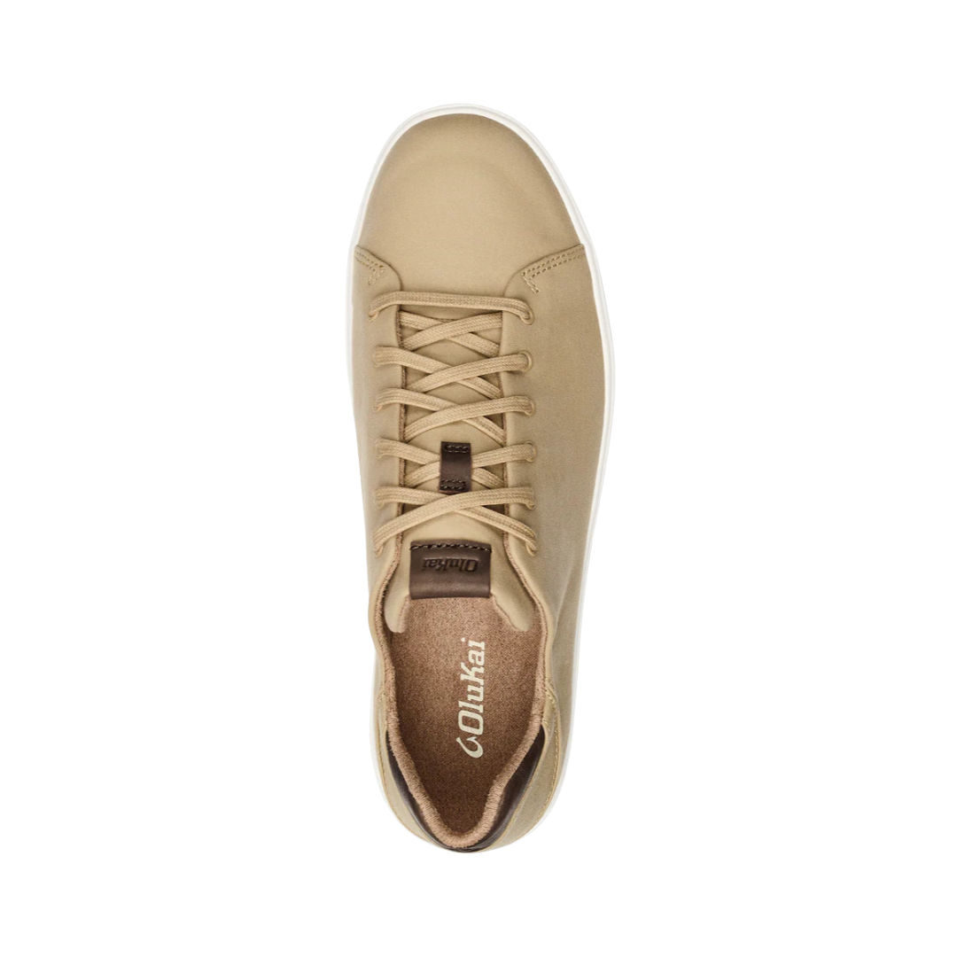 Top View of Men’s Olukai Lae‘Ahi Li casual sneaker in khaki – featuring a lace-up design, breathable textile lining, and contoured footbed for all-day comfort.
