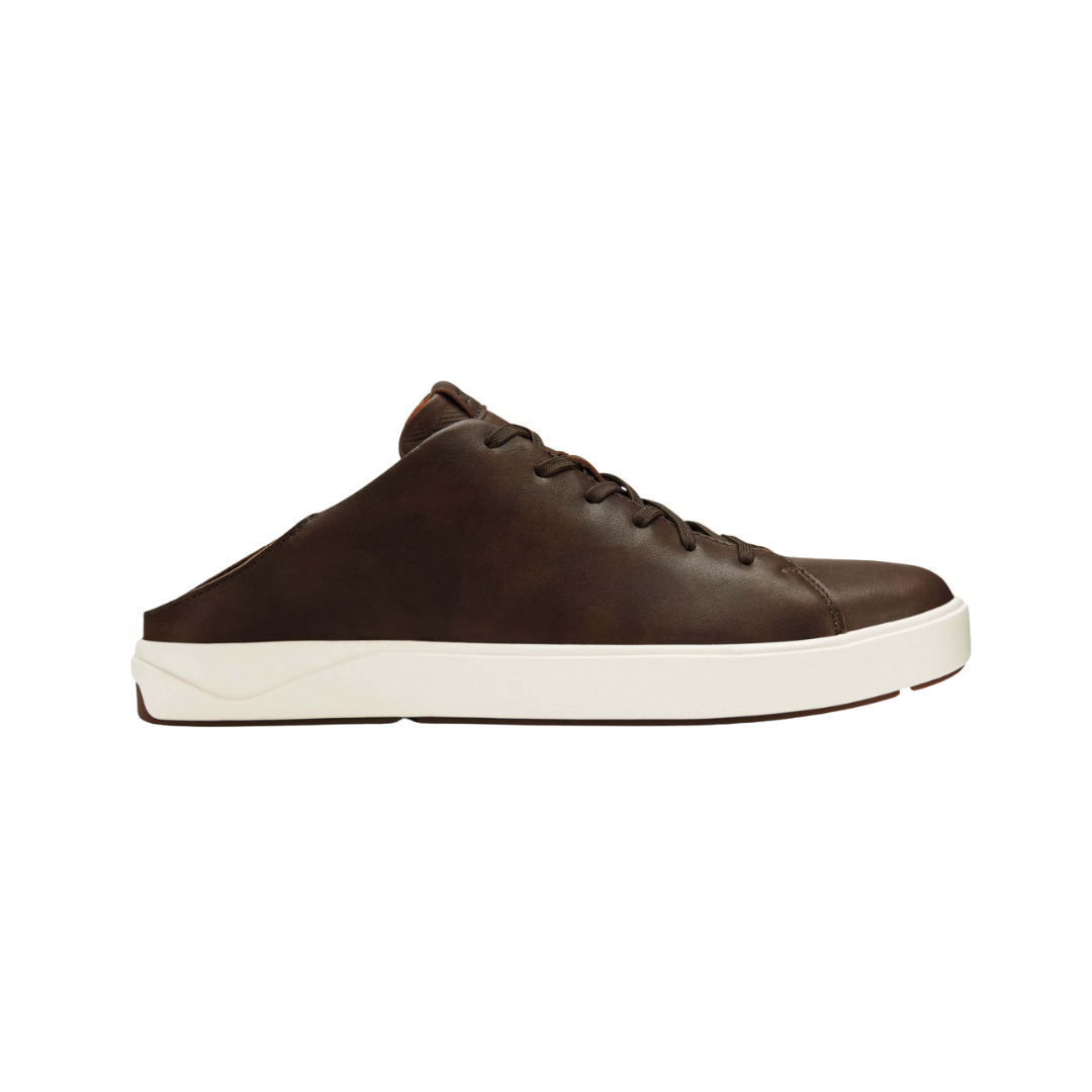 Side view of Men’s Olukai Lae‘Ahi Li ‘Ili sneaker in dark wood – featuring premium leather construction, cushioned footbed, and lightweight rubber outsole for everyday comfort.