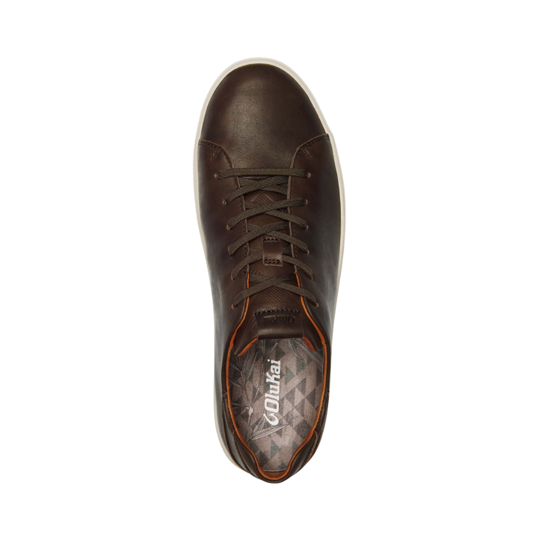 Top view of Men’s Olukai Lae‘Ahi Li ‘Ili sneaker in dark wood – featuring premium leather construction, cushioned footbed, and lightweight rubber outsole for everyday comfort.