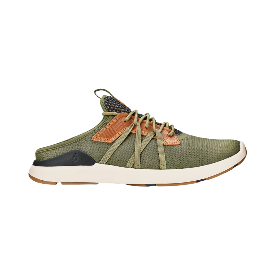 Side View of Men’s Olukai Mio Li sneaker in hunter and lava rock – featuring a modern low-profile design, cushioned footbed, and flexible sole for all-day comfort.