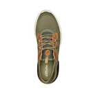 Top View of Men’s Olukai Mio Li sneaker in hunter and lava rock – featuring a breathable mesh upper, lightweight EVA midsole, and slip-resistant outsole.