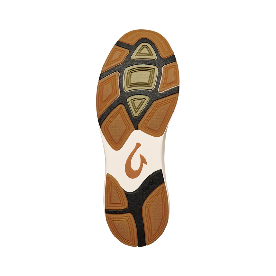 Bottom View of Men’s Olukai Mio Li sneaker in hunter and lava rock – featuring a durable rubber outsole, multi-directional traction, and non-marking tread.
