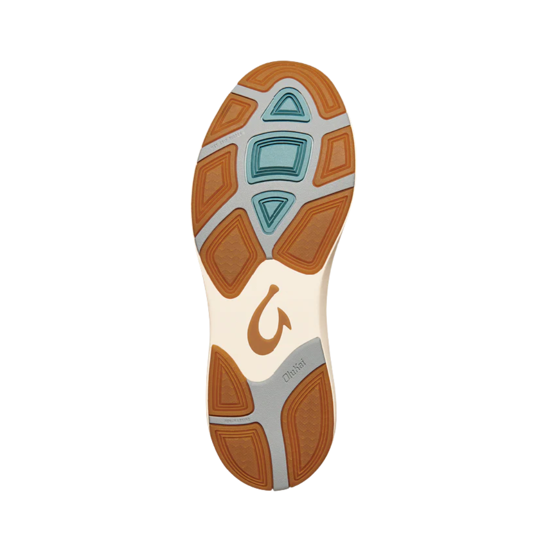Bottom View of Men’s Olukai Mio Li sneaker in mist grey and poi – featuring a breathable mesh upper, lightweight construction, and anatomical footbed.