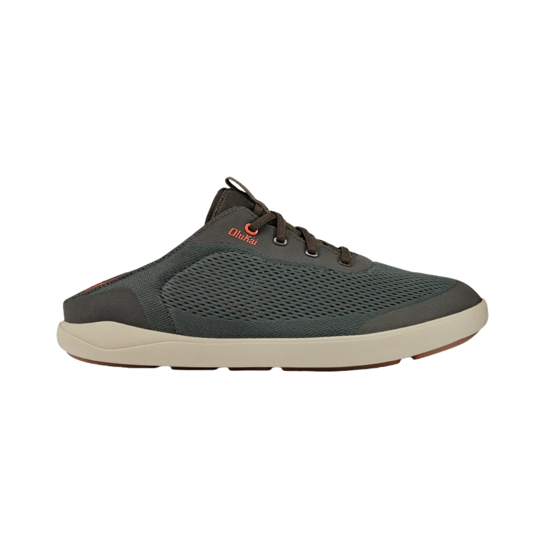 Side View of Men’s Olukai Moku Pae casual sneaker in island salt and koi – featuring a breathable mesh upper, stretch bootie construction for easy on and off, and a non-marking wet-grip rubber outsole.