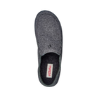 Top View of Men’s Olukai Moloa Hulu slip-on shoe in dark shadow – featuring a wide opening for easy on-and-off, plush shearling interior, and hand-sewn moccasin stitching.