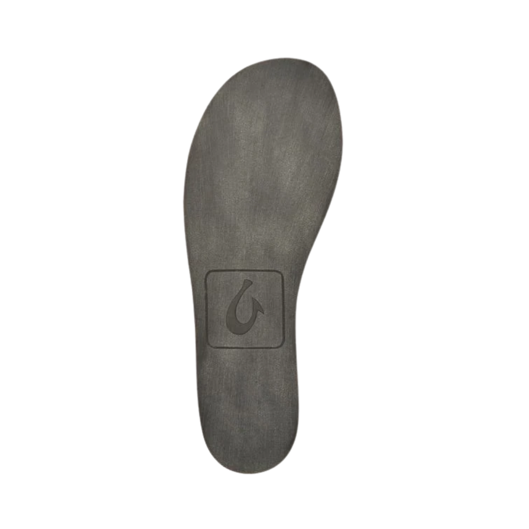 Bottom View of Men’s Olukai Moloa Hulu slip-on shoe in dark shadow – featuring a non-marking rubber outsole, traction pods inspired by island flora, and enhanced grip for everyday use.