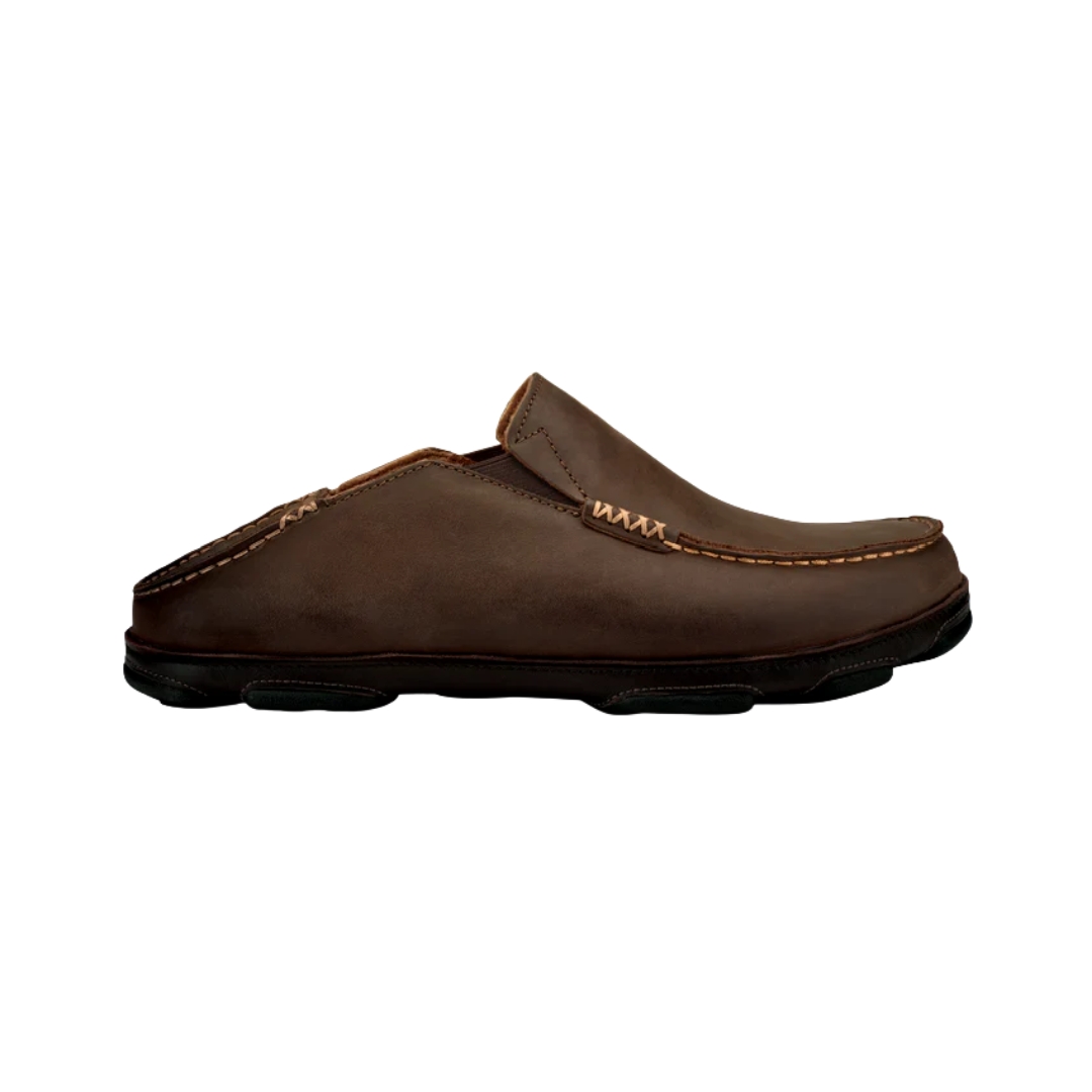 Side View of Men’s Olukai Moloa slip-on shoe in dark wood/dark java – featuring premium nubuck leather uppers, an easy slip-on design with elastic gore panels, and a removable anatomically contoured footbed.