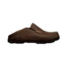 Side View of Men’s Olukai Moloa slip-on shoe in dark wood/dark java – featuring premium nubuck leather uppers, an easy slip-on design with elastic gore panels, and a removable anatomically contoured footbed.