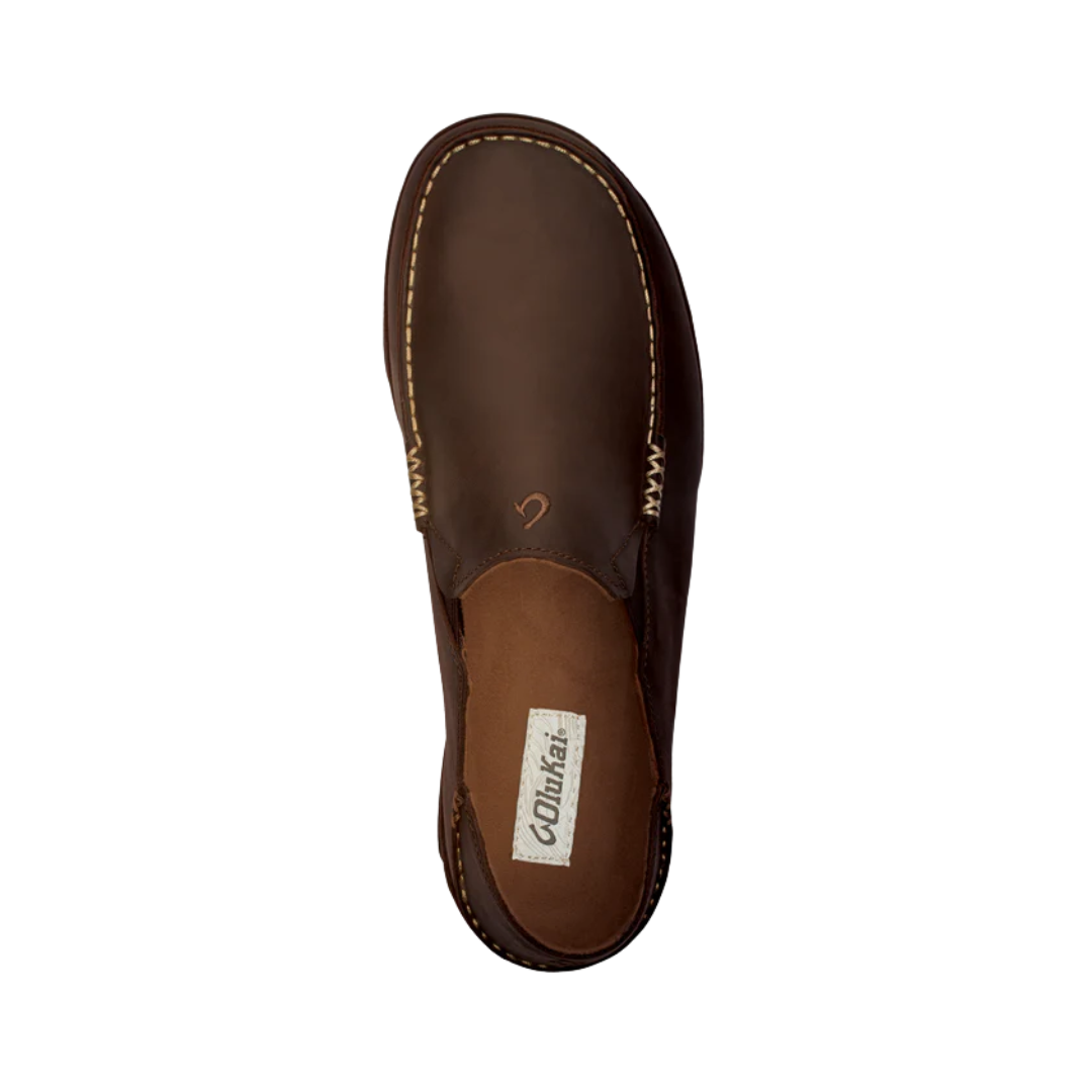 Top View of Men’s Olukai Moloa slip-on shoe in dark wood/dark java – featuring premium nubuck leather uppers, an easy slip-on design with elastic gore panels, and a removable anatomically contoured footbed.