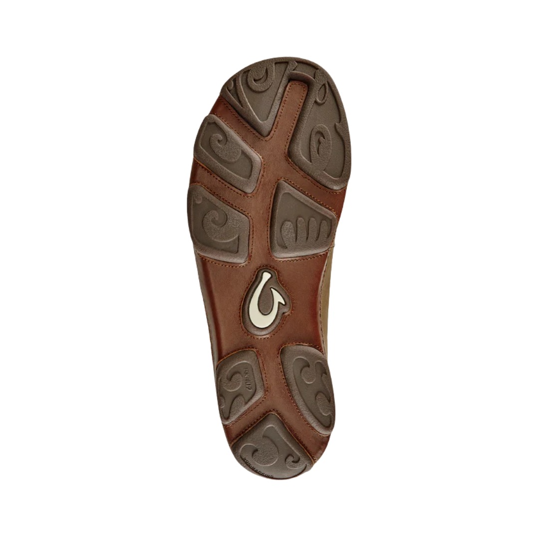 Bottom View of Men’s Olukai Moloa Ray slip-on shoe in toffee – featuring a durable rubber outsole with traction pods, cushioned EVA midsole, and slip-resistant grip for comfort and stability.