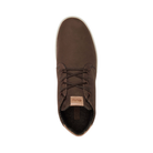 Top View of Men’s Olukai Nana Hele casual boot in dark wood – featuring a sleek leather construction, cushioned footbed for comfort, and roomy opening for easy entry.