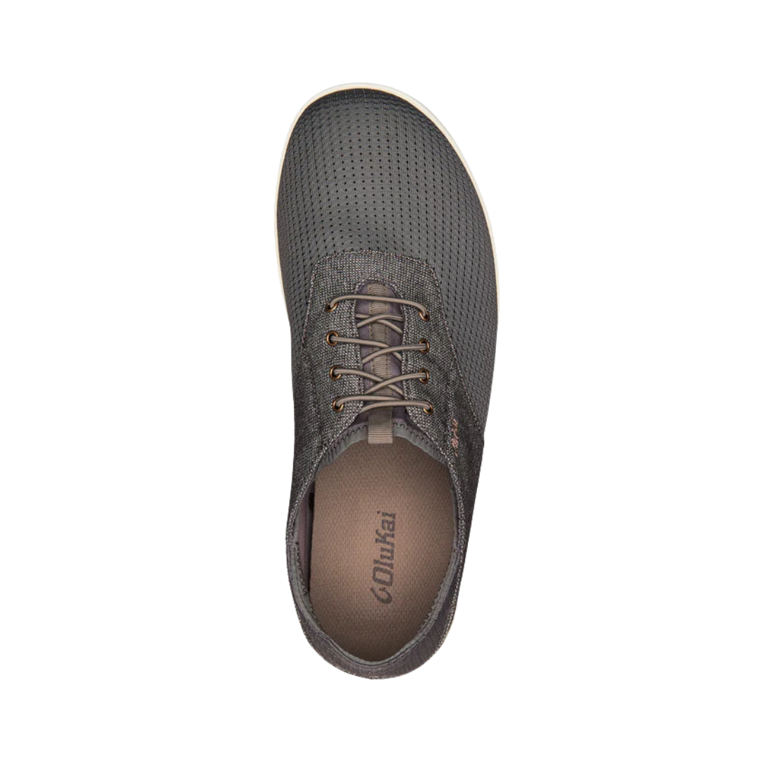 Top View of Men’s Olukai Nohea Moku casual shoe in charcoal clay – featuring breathable mesh upper, stretch bootie construction for barefoot wear, and lightweight rubber outsole with traction pods.