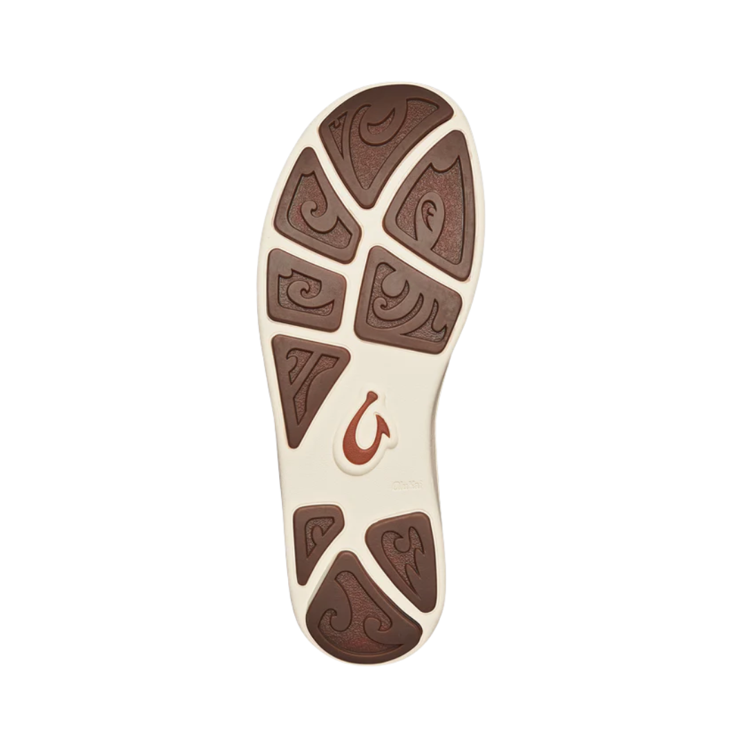 Bottom View of Men’s Olukai Nohea Moku casual shoe in charcoal clay – featuring durable non-marking rubber outsole, grip traction pods, and lightweight flexible construction for everyday comfort.