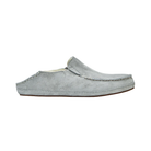 Side View of Women’s Olukai Nohea Slipper in pale grey – featuring a soft shearling lining, water-resistant suede upper, and a durable non-marking rubber outsole for indoor and outdoor comfort.