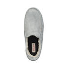 Top View of Women’s Olukai Nohea Slipper in pale grey – featuring a soft shearling lining, water-resistant suede upper, and a durable non-marking rubber outsole for indoor and outdoor comfort.