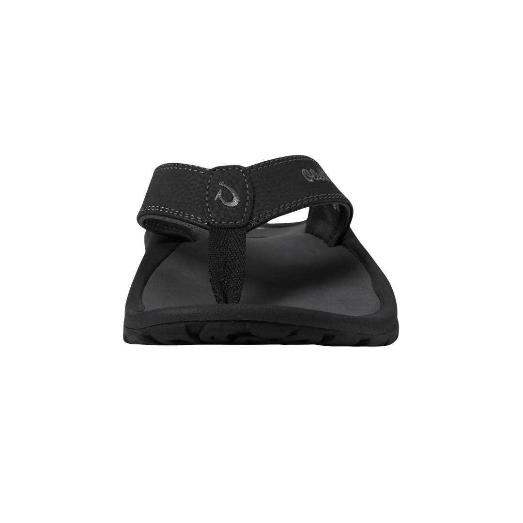 Front view of Men’s Olukai Ohana sandal in Black/Dark Shadow – featuring a water-friendly synthetic upper, anatomical footbed with arch support, grippy outsole, and soft inner lining for comfort in and out of the water.