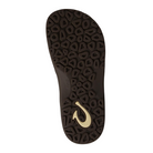 Bottom view of Men’s Olukai Ohana sandal in Dark Java/Ray – featuring a non-marking rubber outsole with coral reef lug pattern for enhanced traction, water-friendly grip zones, and curved heel design for stability.