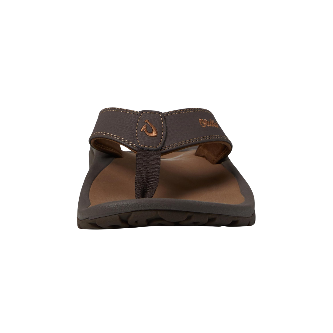 Front view of Men’s Olukai Ohana sandal in Dark Java/Ray – featuring a smooth synthetic strap with contrast lining, soft nylon toe post, anatomically contoured footbed with arch support, and textured surface for slip resistance.