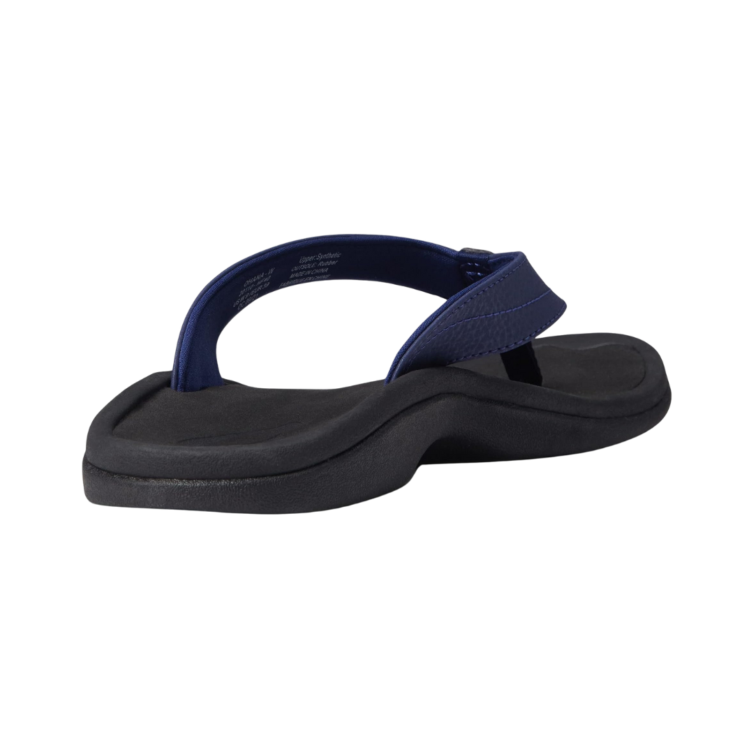 Angled view of Olukai Ohana sandal in Pacifica/Black – featuring a water-friendly synthetic upper, anatomically contoured footbed, arch support, and a durable, beach-ready outsole in a bold navy and black color combo.