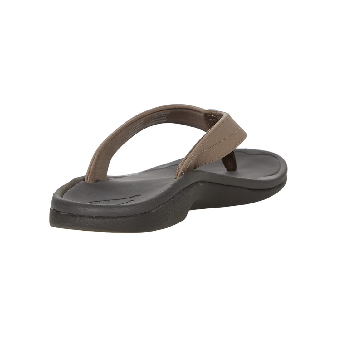 Angled view of Women’s Olukai Ohana sandal in Warm Taupe/Island Salt – featuring a water-friendly synthetic strap, cushioned anatomical footbed, supportive arch, and beach-ready traction outsole in a stylish neutral palette.