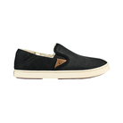 Side View of Women’s Olukai Pehuea Heu slip-on sneaker in lava rock – featuring a soft suede upper, cozy shearling lining, and a flexible non-marking rubber outsole for everyday comfort.