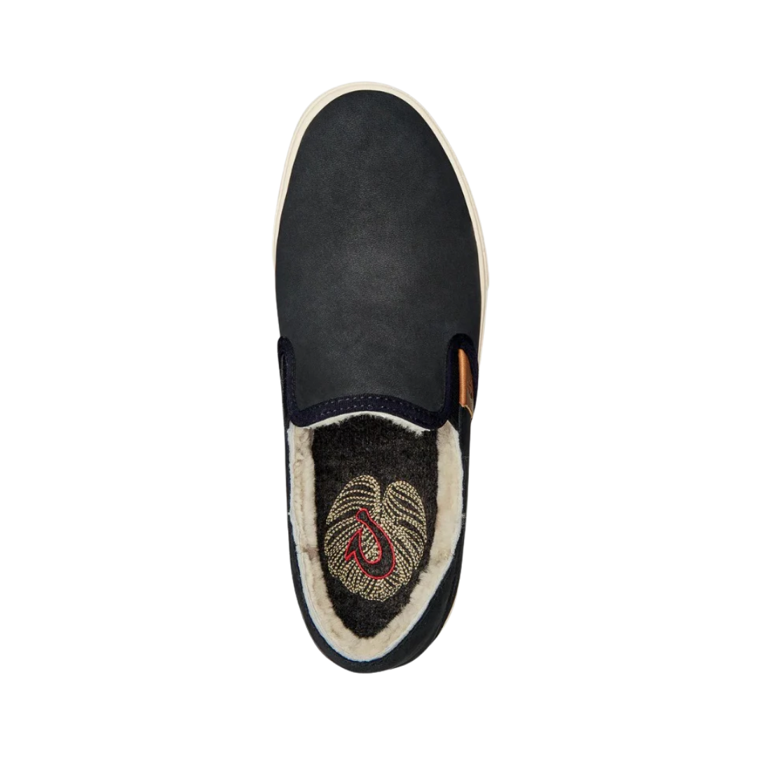 Top View of Women’s Olukai Pehuea Heu slip-on sneaker in lava rock – featuring a plush shearling footbed, breathable design, and slip-on style for easy wear.