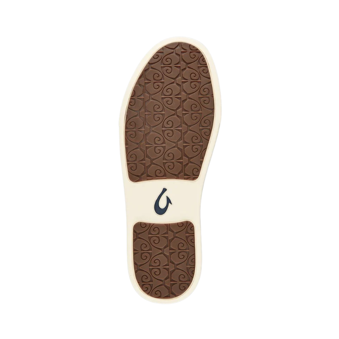 Bottom View of Women’s Olukai Pehuea Heu slip-on sneaker in lava rock – featuring a non-marking rubber outsole, traction pods for stability, and lightweight flexibility.