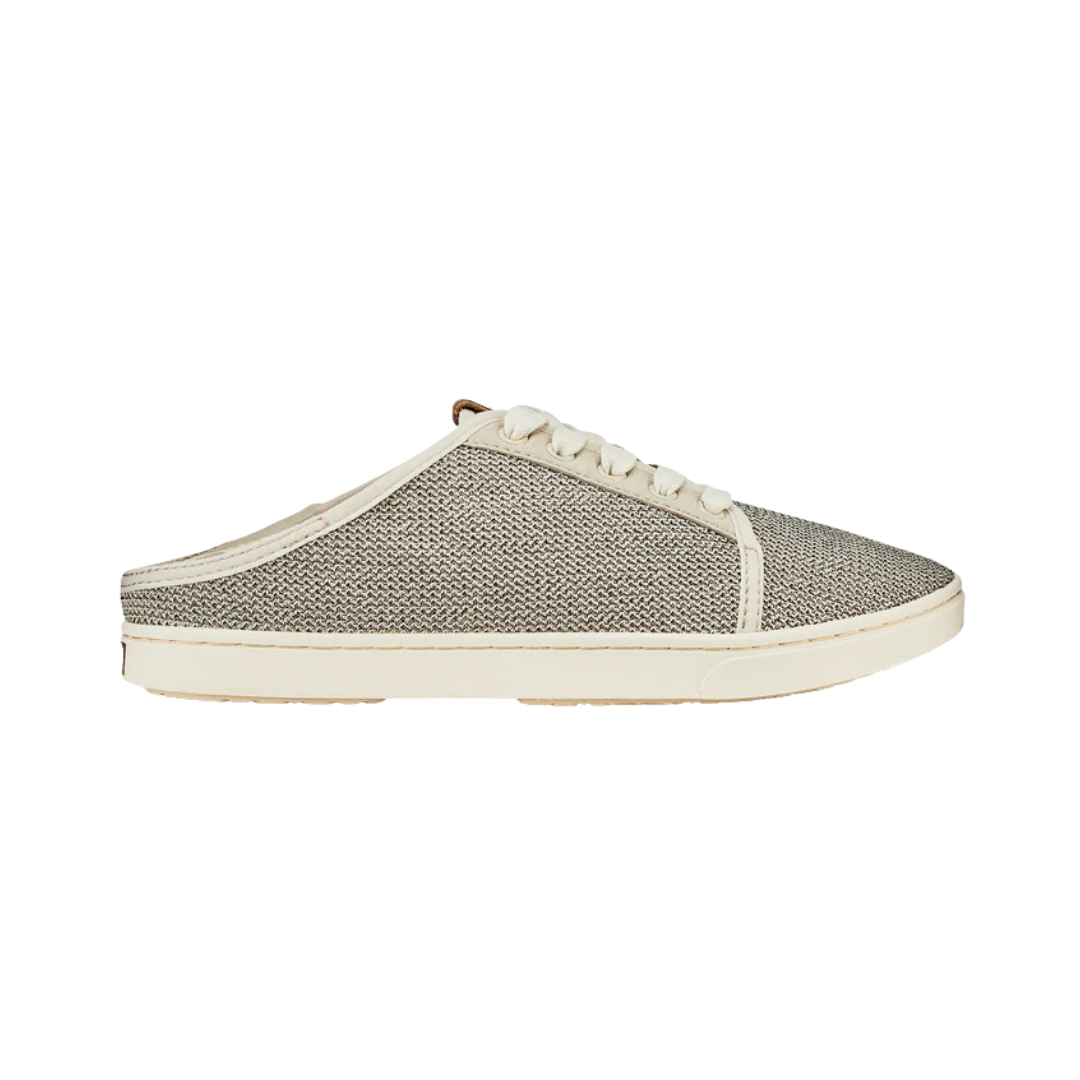 Side View of Women’s Olukai Pehuea Li lace-up sneaker in tapa – featuring a breathable canvas upper, removable dual-density footbed, and lightweight EVA midsole for all-day comfort.