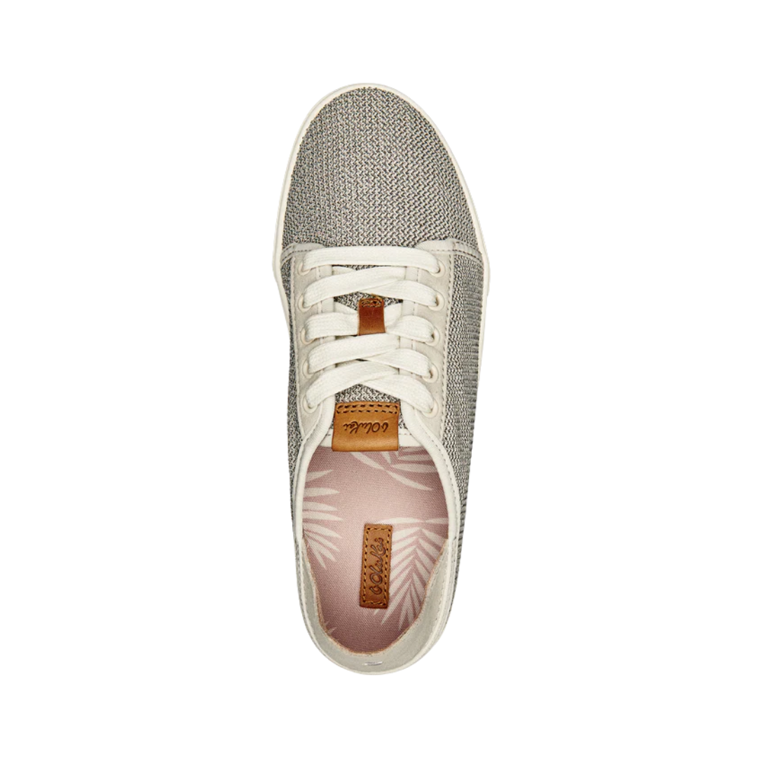 Top View of Women’s Olukai Pehuea Li lace-up sneaker in tapa – featuring a breathable canvas upper, removable dual-density footbed, and lightweight EVA midsole for all-day comfort.