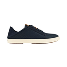 Side View of Women’s Olukai Pehuea Li lace-up sneaker in trench blue – featuring a breathable mesh and canvas upper, removable dual-density footbed, and lightweight EVA midsole for all-day comfort.