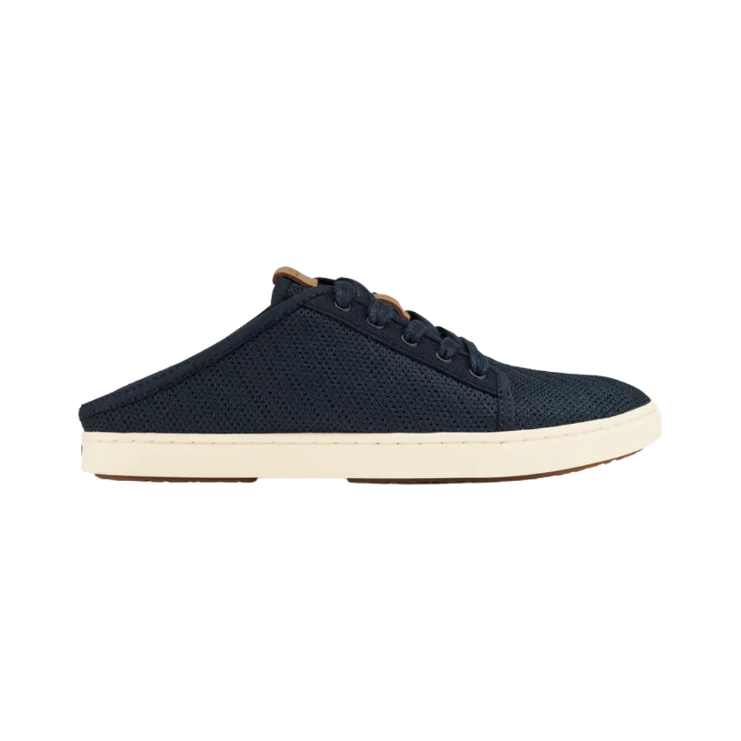Side View of Women’s Olukai Pehuea Li lace-up sneaker in trench blue – featuring a breathable mesh and canvas upper, removable dual-density footbed, and lightweight EVA midsole for all-day comfort.