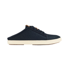 Side View of Women’s Olukai Pehuea Li lace-up sneaker in trench blue – featuring a breathable mesh and canvas upper, removable dual-density footbed, and lightweight EVA midsole for all-day comfort.