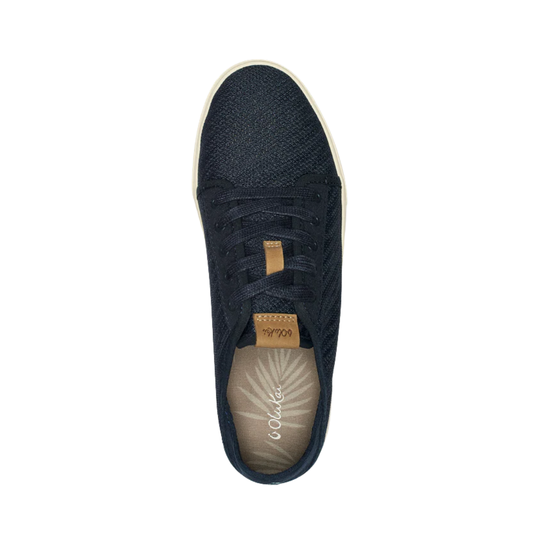 Top View of Women’s Olukai Pehuea Li lace-up sneaker in trench blue – featuring a breathable mesh and canvas upper, removable dual-density footbed, and lightweight EVA midsole for all-day comfort.