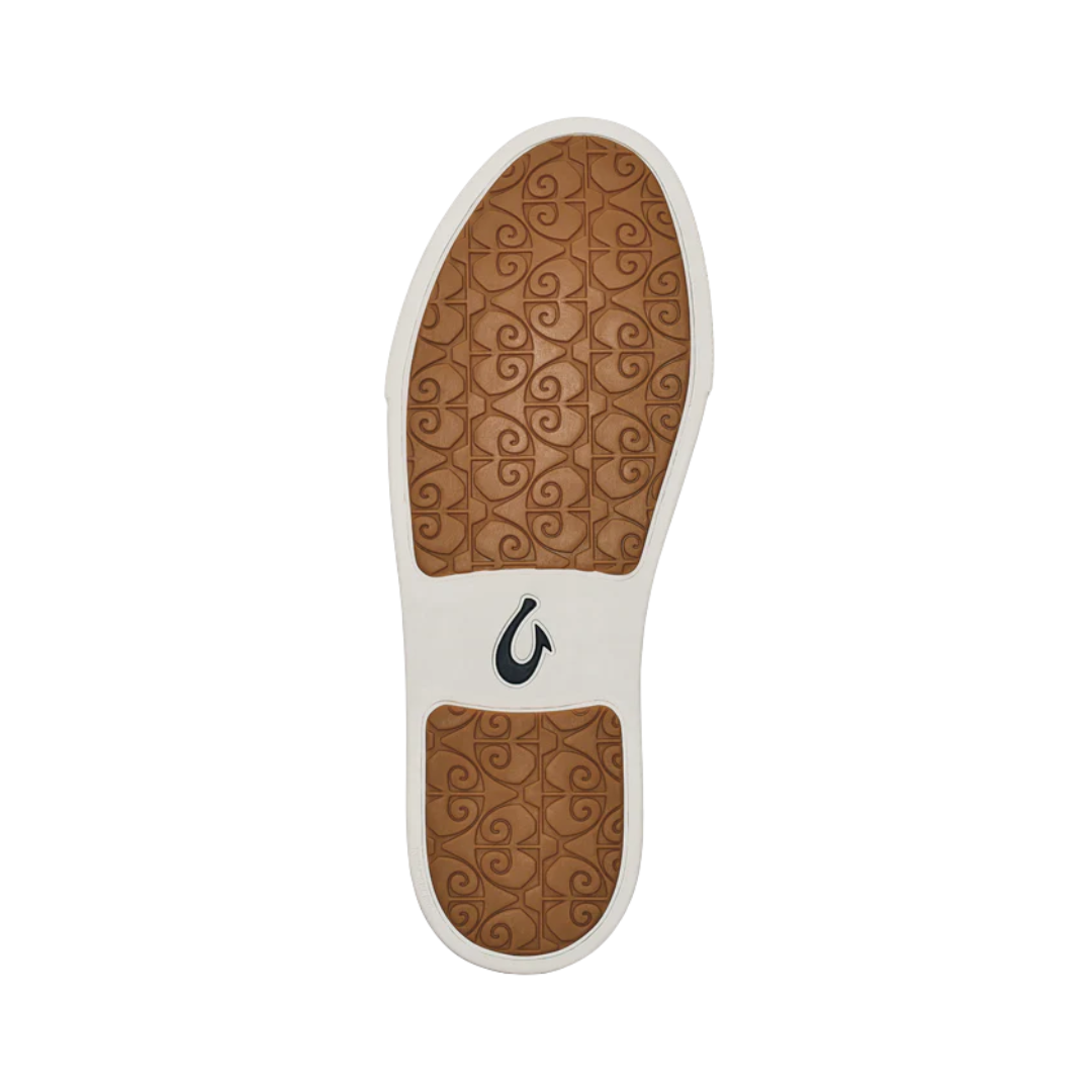 Bottom View of Women’s Olukai Pehuea Li lace-up sneaker in trench blue – featuring a durable non-marking rubber outsole, traction pods for enhanced grip, and flexible lightweight support.
