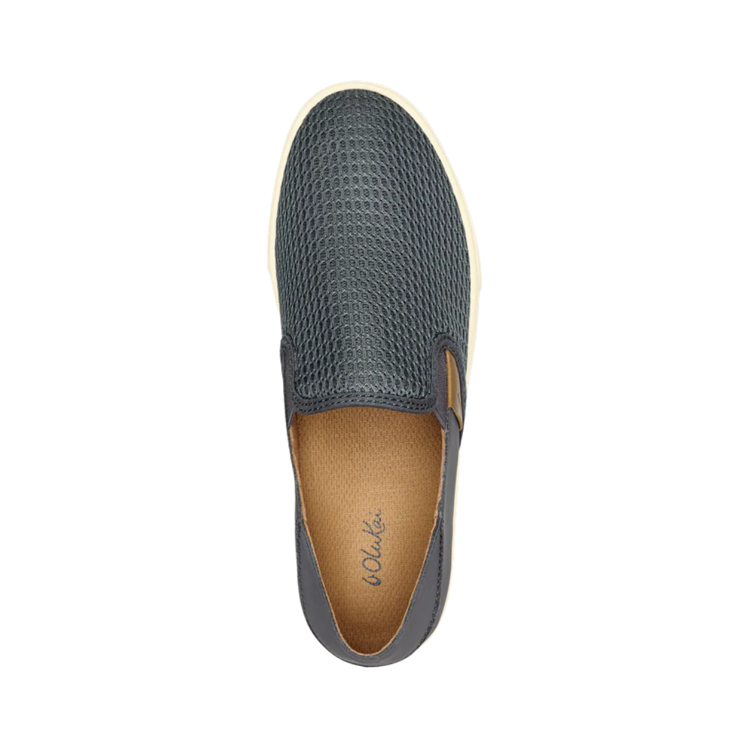 Top View of Women’s Olukai Pehuea slip-on sneaker in pavement – featuring a breathable mesh upper, collapsible Drop-In Heel®, and a cushioned dual-density footbed for all-day comfort.