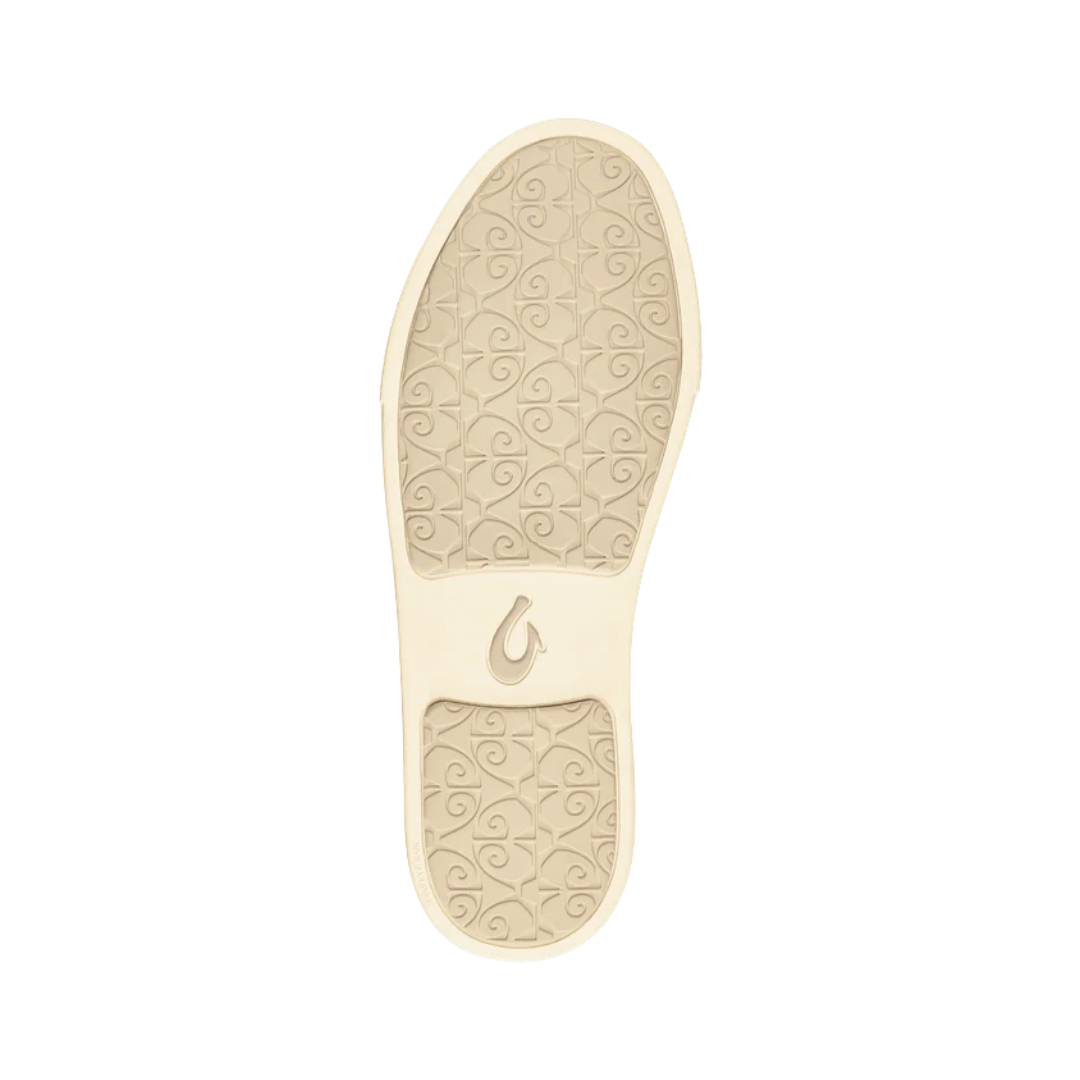 Bottom View of Women’s Olukai Pehuea slip-on sneaker in tapa – featuring a durable non-marking rubber outsole, island-inspired traction pods, and enhanced grip for everyday activities.
