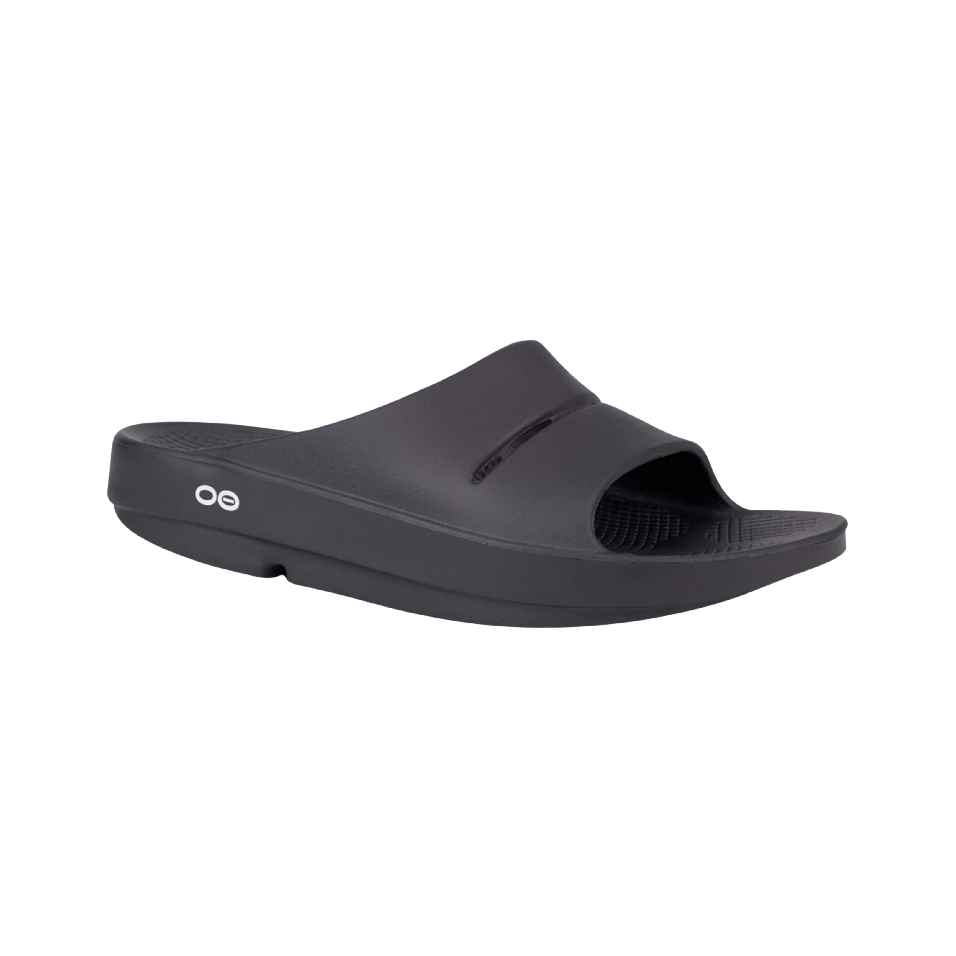 Side view of Unisex OOFOS Ooahh Slide Sandal in black – featuring a sleek one-piece upper, patented OOfoam™ technology for impact absorption, contoured footbed with arch support, and lightweight design for post-activity recovery and everyday comfort.