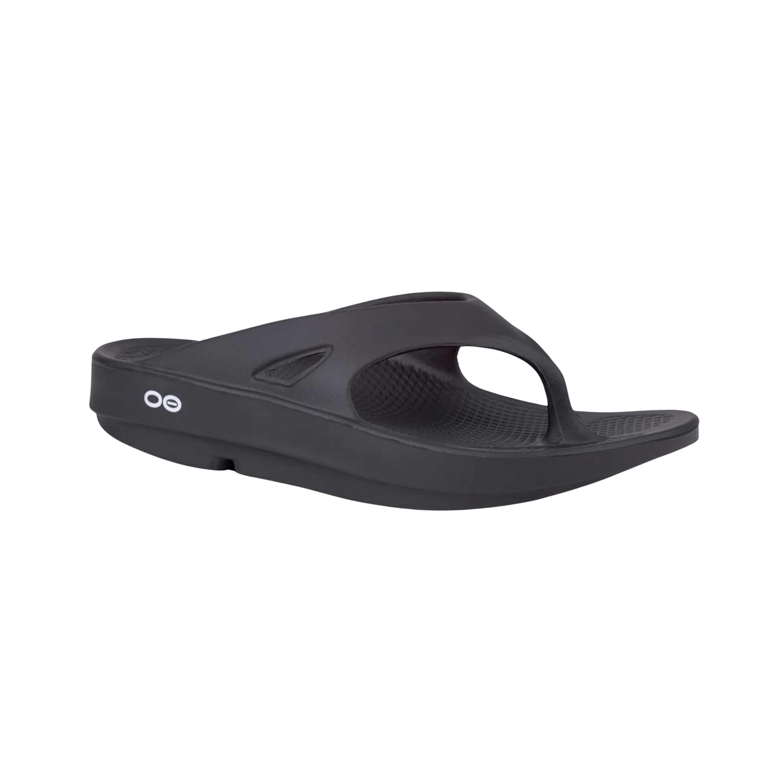 Side view of Women’s OOFOS OOriginal Sandal in black – featuring a sleek water-resistant synthetic upper, patented OOfoam™ midsole for superior impact absorption, contoured footbed with arch support, and lightweight construction for recovery comfort.