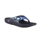 Angled view of Unisex OOFOS OOriginal Sport Sandal in Black/Azul – featuring a two-tone upper, cushioned and supportive OOfoam™ sole, arch-cradling footbed, and athletic-inspired design for active recovery and all-day wear.