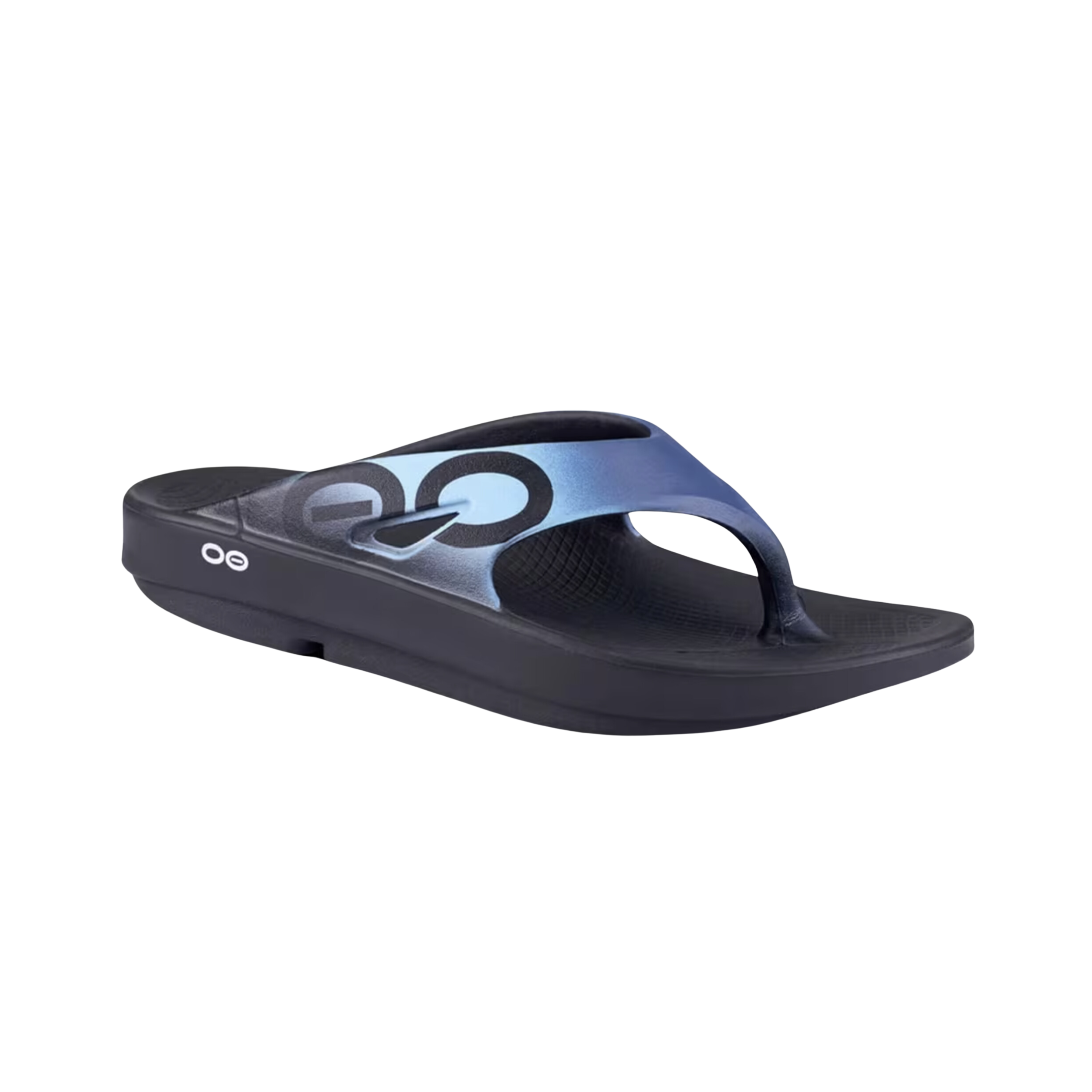 Angled view of Unisex OOFOS OOriginal Sport Sandal in Black/Azul – featuring a two-tone upper, cushioned and supportive OOfoam™ sole, arch-cradling footbed, and athletic-inspired design for active recovery and all-day wear.