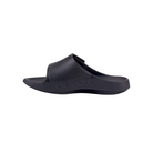 Side view of Men’s Ooahh Sport Flex Sandal in matte black – featuring an adjustable synthetic strap, patented OOfoam™ midsole for 37% more impact absorption than traditional foam, biomechanically designed footbed, and sleek recovery-focused slide profile.