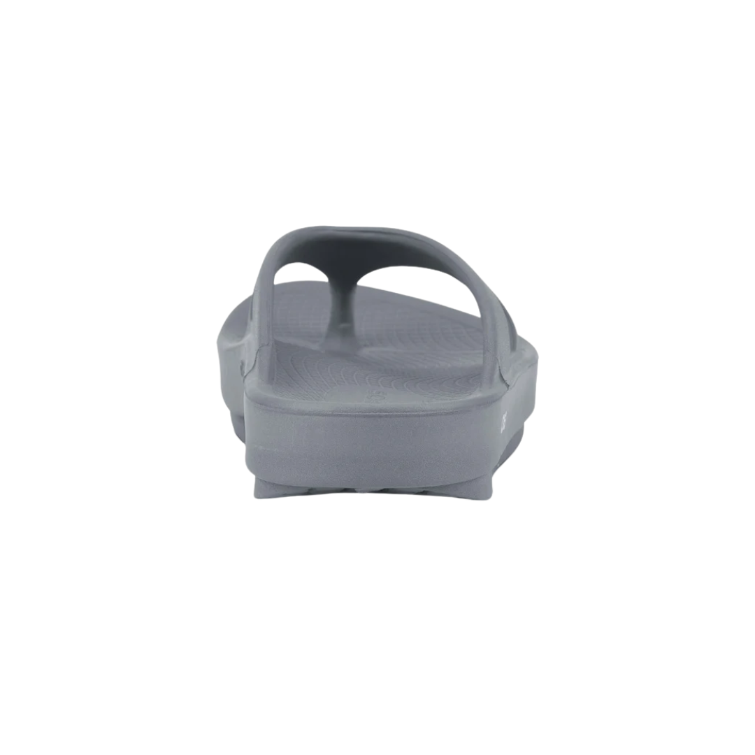 Back view of Women’s OOFOS OOriginal Sandal in slate – featuring a low-profile heel cup, gently curved footbed edges, and ergonomic design that supports natural foot movement.