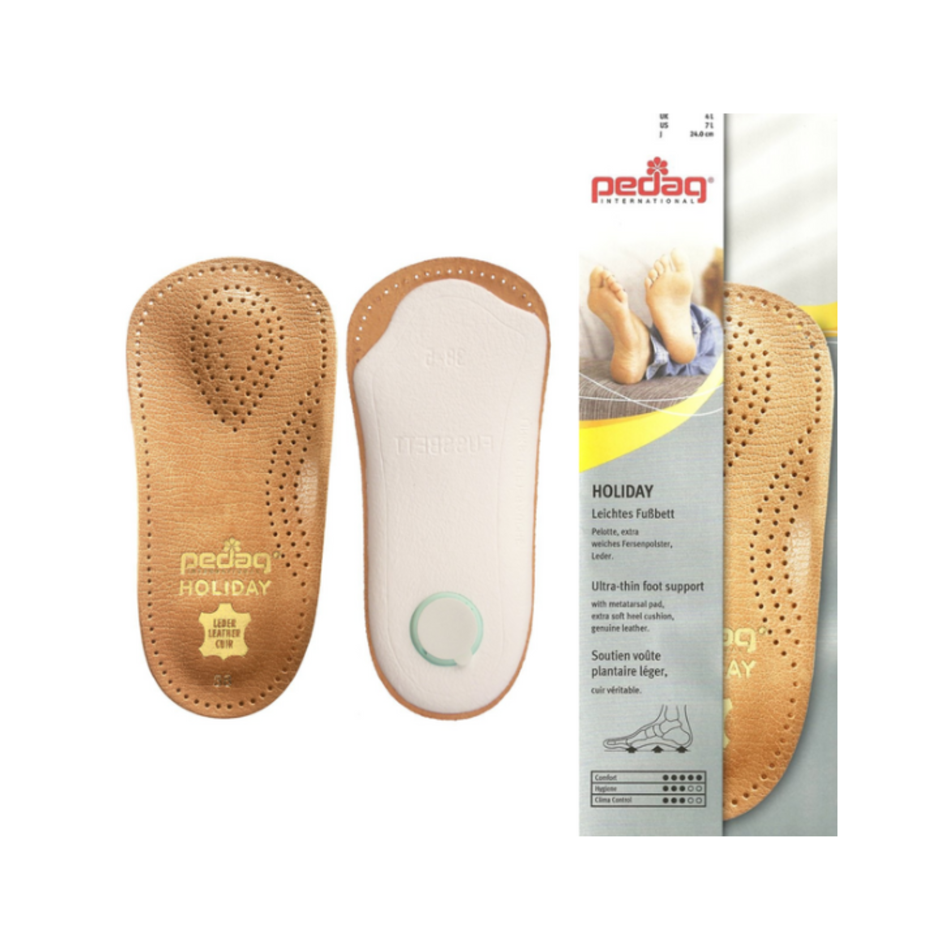 Front view of Unisex Pedag over-the-counter insoles in Holiday — featuring ultra-thin design for discreet comfort, gentle arch support for all-day wear, soft cushioning to reduce foot fatigue, and durable materials that maintain shape and support over time.