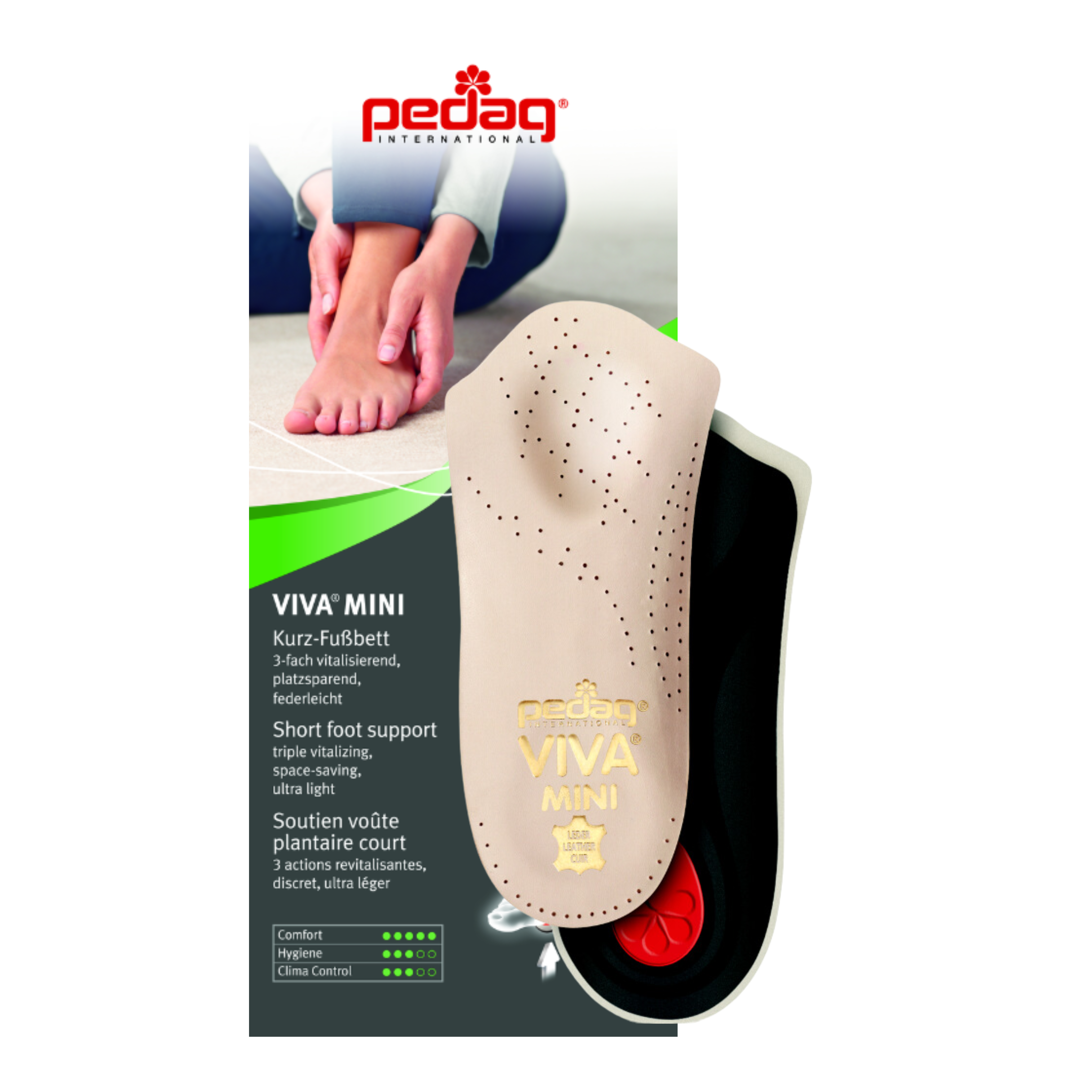 Front view of Unisex Pedag over-the-counter insoles in Viva Mini — featuring targeted cushioning for short foot support, lightweight design for minimal bulk inside shoes, breathable material to reduce moisture build-up, and reinforced heel cup to maintain proper foot alignment.
