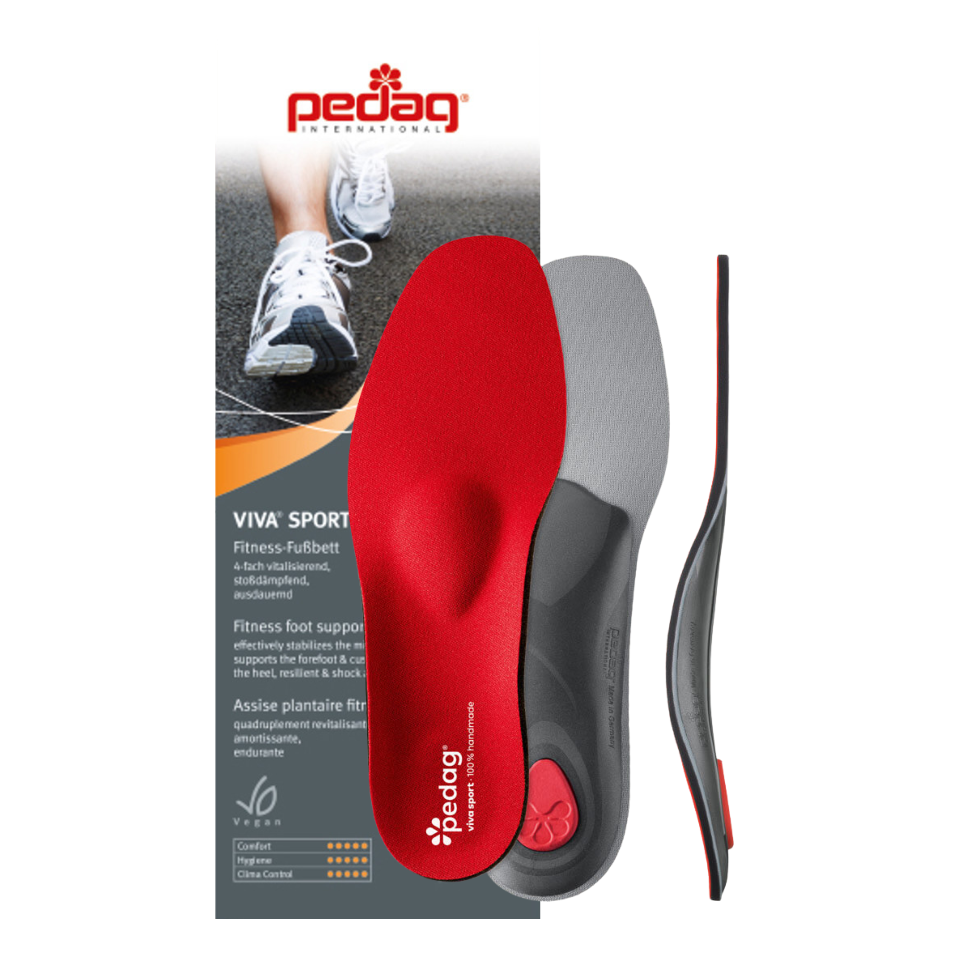 Front view of Unisex Pedag over-the-counter insoles in Viva Sport — featuring enhanced shock absorption for fitness activities, breathable top layer to keep feet dry, firm arch support to prevent overpronation, and flexible base allowing natural foot movement.