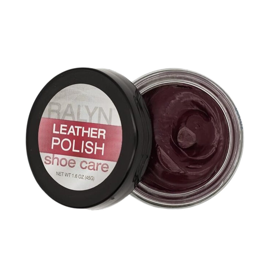 Open container of Ralyn Leather Shoe Polish in rich burgundy shade, showing smooth, creamy polish designed to restore and enhance dark red and burgundy leather shoes.